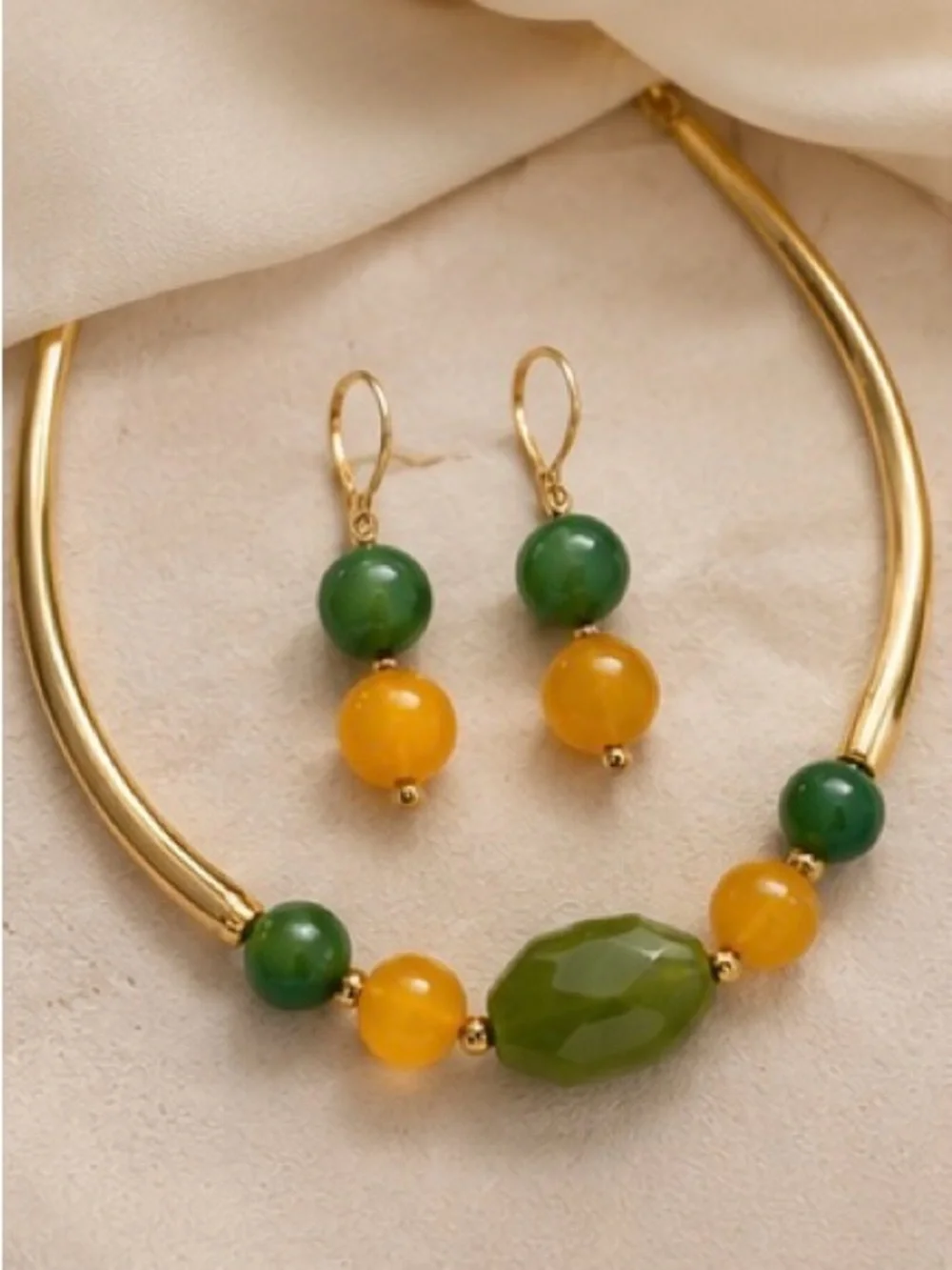 Anthropologie Green and Yellow Beaded Necklace with Matching Earrings
